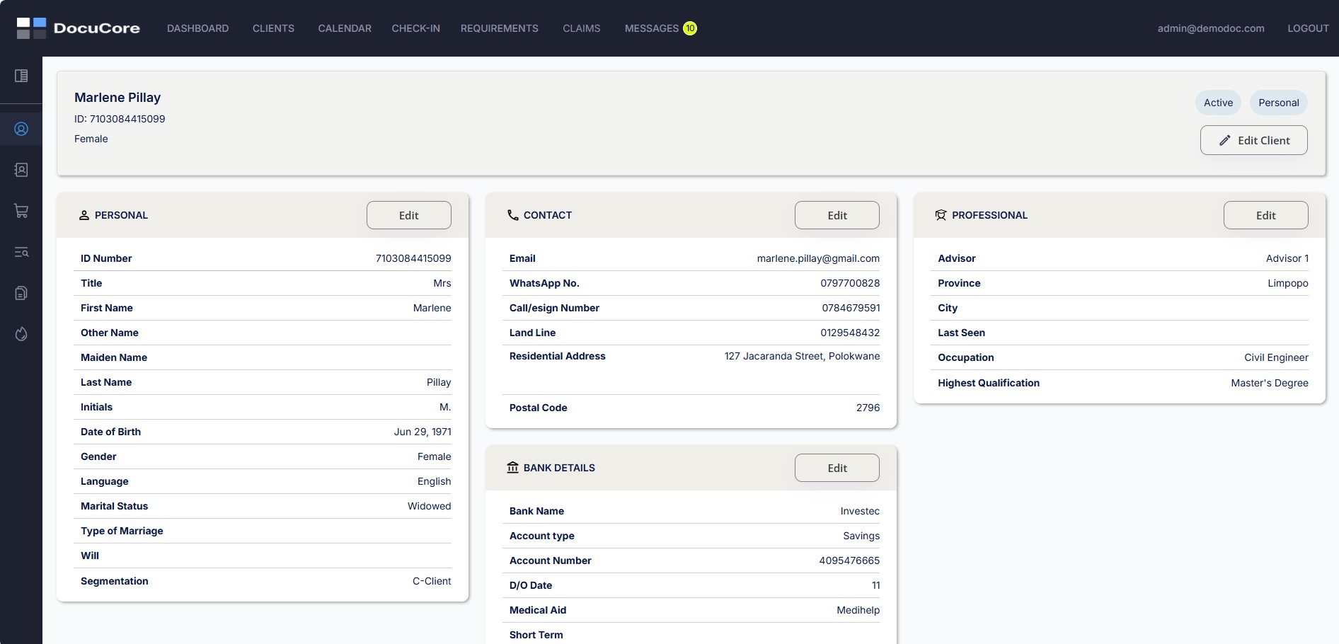 Docukor client profile screen